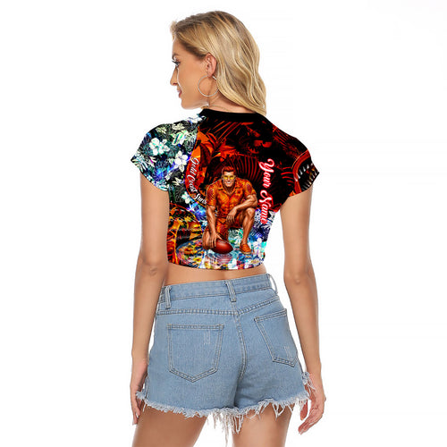 Personalized Gold Coast Suns Football Raglan Cropped T Shirt Tropical Hibiscus Flowers - Pacific Fusion Style