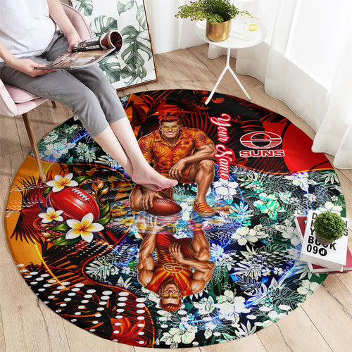 Personalized Gold Coast Suns Football Round Carpet Tropical Hibiscus Flowers - Pacific Fusion Style