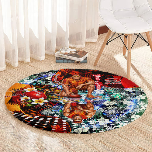 Personalized Gold Coast Suns Football Round Carpet Tropical Hibiscus Flowers - Pacific Fusion Style