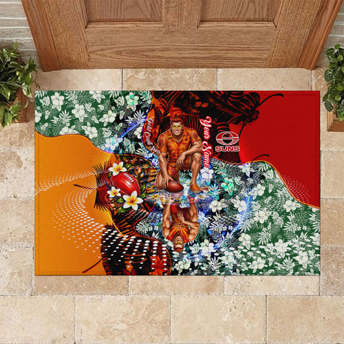Personalized Gold Coast Suns Football Rubber Doormat Tropical Hibiscus Flowers - Pacific Fusion Style