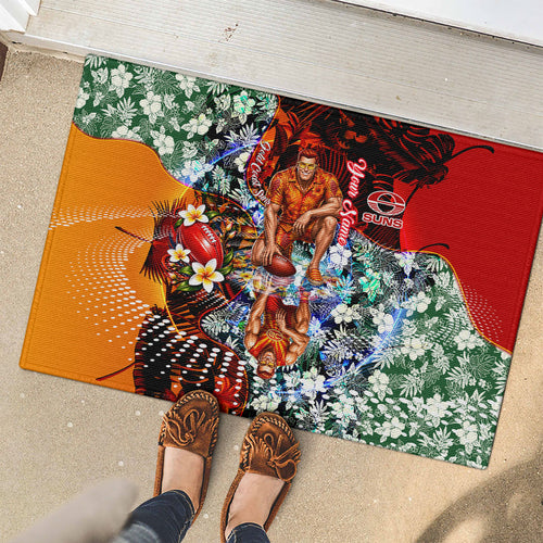 Personalized Gold Coast Suns Football Rubber Doormat Tropical Hibiscus Flowers - Pacific Fusion Style