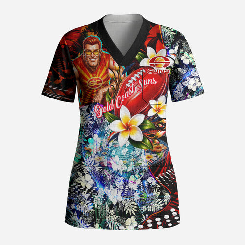 Personalized Gold Coast Suns Football Scrub Top Tropical Hibiscus Flowers - Pacific Fusion Style