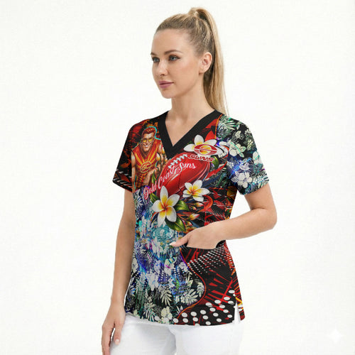 Personalized Gold Coast Suns Football Scrub Top Tropical Hibiscus Flowers - Pacific Fusion Style