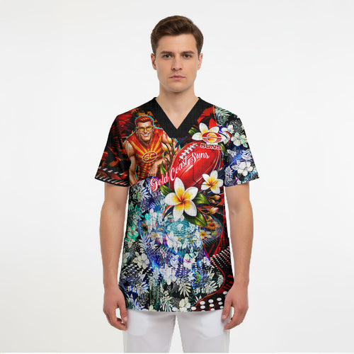 Personalized Gold Coast Suns Football Scrub Top Tropical Hibiscus Flowers - Pacific Fusion Style
