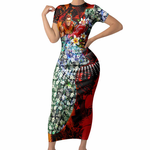 Personalized Gold Coast Suns Football Short Sleeve Bodycon Dress Tropical Hibiscus Flowers - Pacific Fusion Style