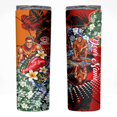 Personalized Gold Coast Suns Football Skinny Tumbler Tropical Hibiscus Flowers - Pacific Fusion Style