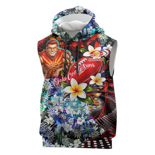 Personalized Gold Coast Suns Football Sleeveless Hoodie Tropical Hibiscus Flowers - Pacific Fusion Style