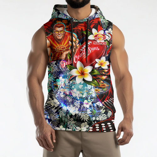 Personalized Gold Coast Suns Football Sleeveless Hoodie Tropical Hibiscus Flowers - Pacific Fusion Style