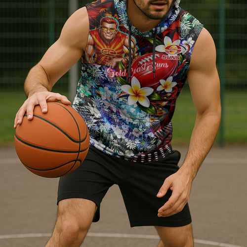 Personalized Gold Coast Suns Football Sleeveless Hoodie Tropical Hibiscus Flowers - Pacific Fusion Style