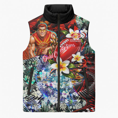 Personalized Gold Coast Suns Football Sleeveless Puffer Jacket Tropical Hibiscus Flowers - Pacific Fusion Style