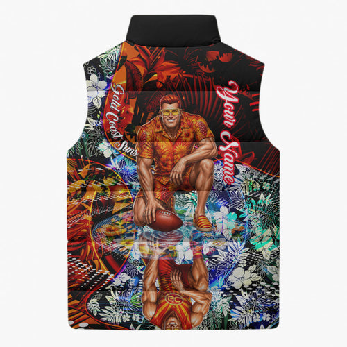 Personalized Gold Coast Suns Football Sleeveless Puffer Jacket Tropical Hibiscus Flowers - Pacific Fusion Style