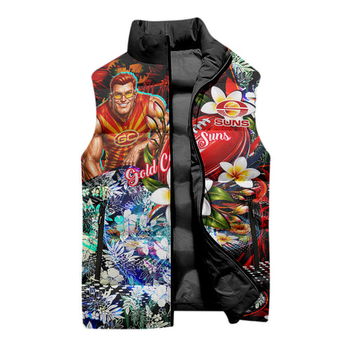 Personalized Gold Coast Suns Football Sleeveless Puffer Jacket Tropical Hibiscus Flowers - Pacific Fusion Style