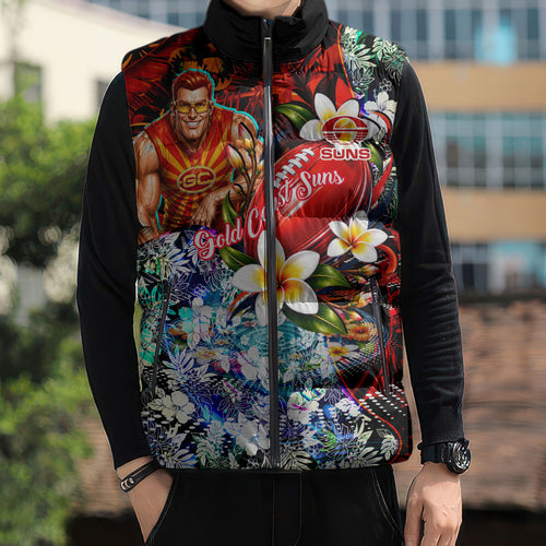 Personalized Gold Coast Suns Football Sleeveless Puffer Jacket Tropical Hibiscus Flowers - Pacific Fusion Style