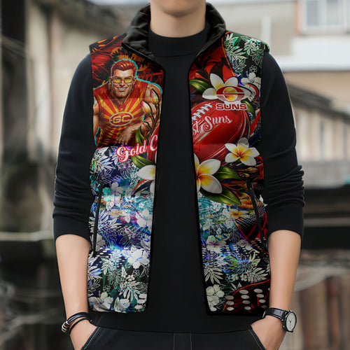 Personalized Gold Coast Suns Football Sleeveless Puffer Jacket Tropical Hibiscus Flowers - Pacific Fusion Style