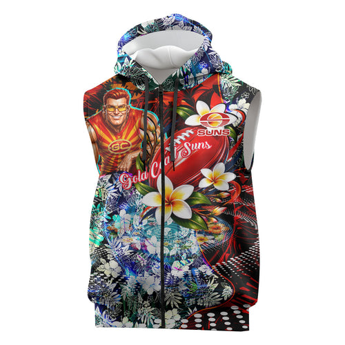 Personalized Gold Coast Suns Football Sleeveless Zip Hoodie Tropical Hibiscus Flowers - Pacific Fusion Style