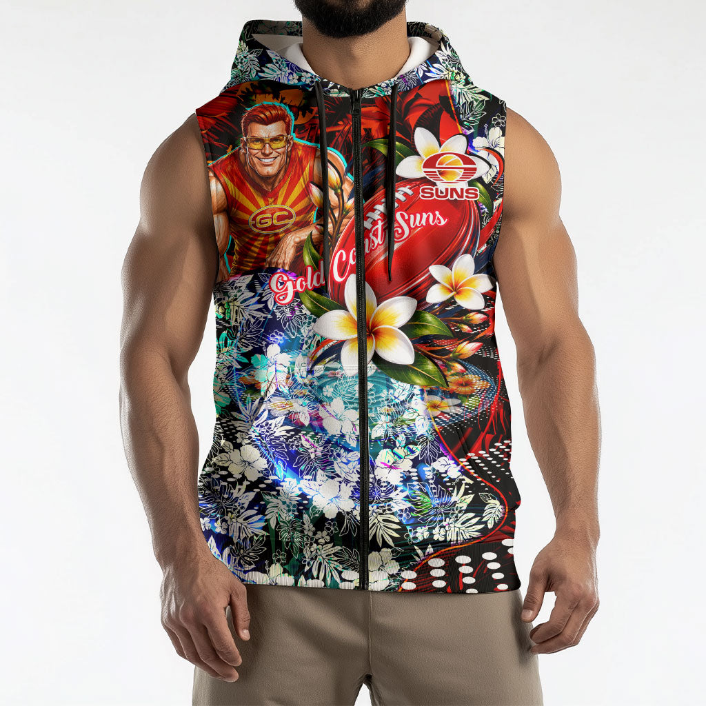 Personalized Gold Coast Suns Football Sleeveless Zip Hoodie Tropical Hibiscus Flowers - Pacific Fusion Style