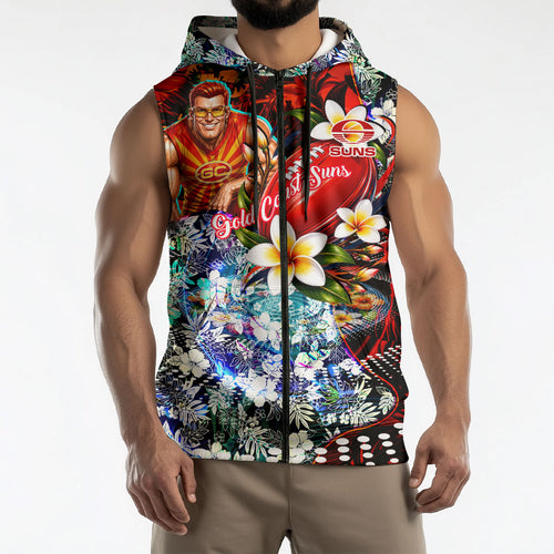 Personalized Gold Coast Suns Football Sleeveless Zip Hoodie Tropical Hibiscus Flowers - Pacific Fusion Style