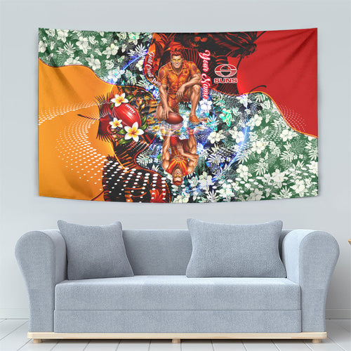 Personalized Gold Coast Suns Football Tapestry Tropical Hibiscus Flowers - Pacific Fusion Style