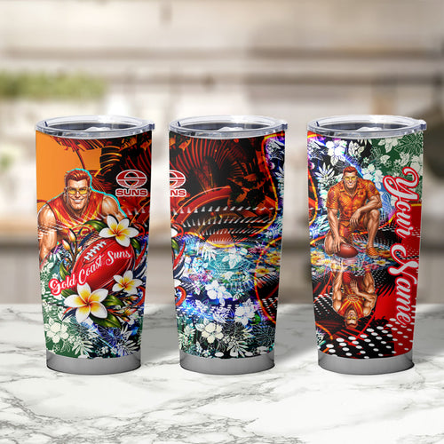 Personalized Gold Coast Suns Football Tumbler Cup Tropical Hibiscus Flowers - Pacific Fusion Style