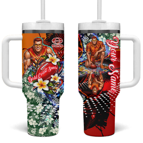 Personalized Gold Coast Suns Football Tumbler With Handle Tropical Hibiscus Flowers - Pacific Fusion Style