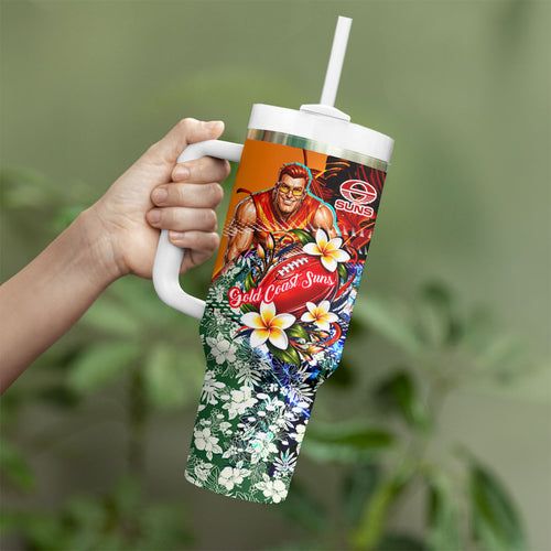 Personalized Gold Coast Suns Football Tumbler With Handle Tropical Hibiscus Flowers - Pacific Fusion Style