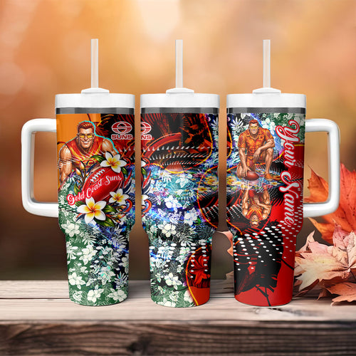 Personalized Gold Coast Suns Football Tumbler With Handle Tropical Hibiscus Flowers - Pacific Fusion Style