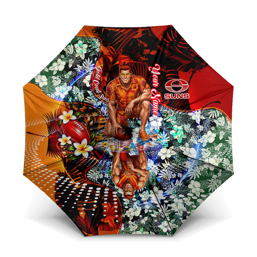 Personalized Gold Coast Suns Football Umbrella Tropical Hibiscus Flowers - Pacific Fusion Style