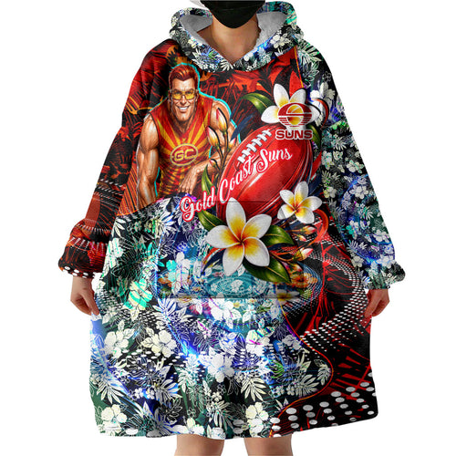 Personalized Gold Coast Suns Football Wearable Blanket Hoodie Tropical Hibiscus Flowers - Pacific Fusion Style