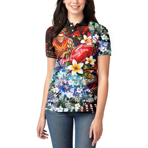 Personalized Gold Coast Suns Football Women Polo Shirt Tropical Hibiscus Flowers - Pacific Fusion Style