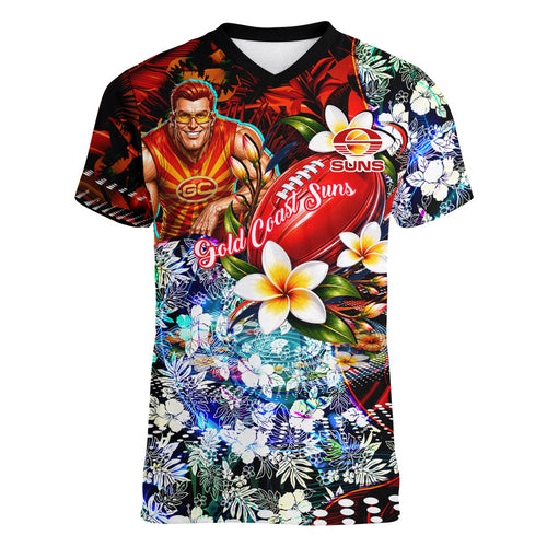 Personalized Gold Coast Suns Football Women V-Neck T-Shirt Tropical Hibiscus Flowers - Pacific Fusion Style