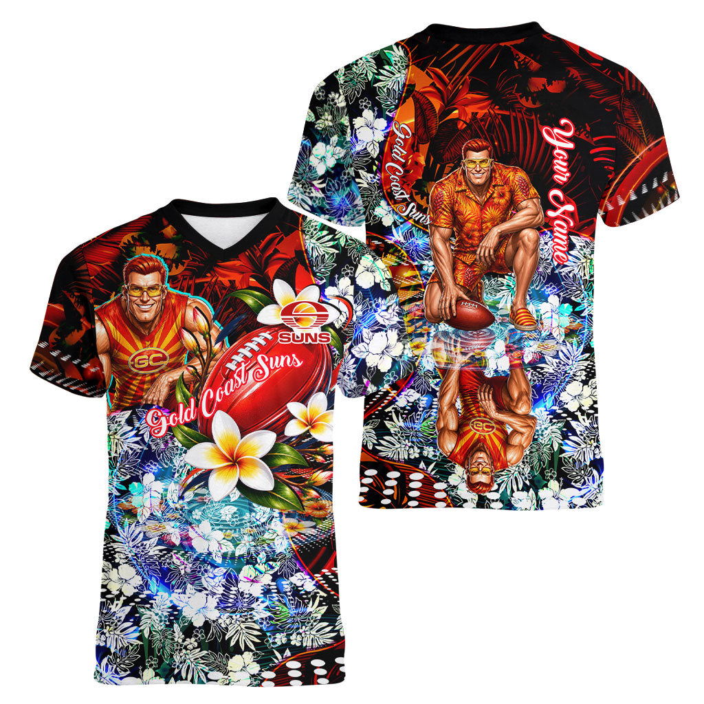 Personalized Gold Coast Suns Football Women V-Neck T-Shirt Tropical Hibiscus Flowers - Pacific Fusion Style