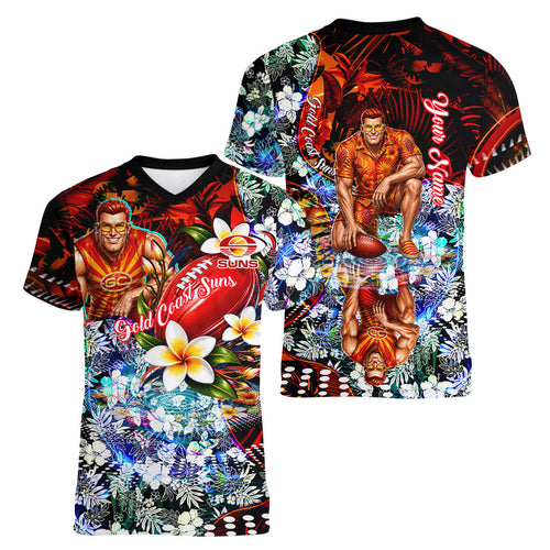 Personalized Gold Coast Suns Football Women V-Neck T-Shirt Tropical Hibiscus Flowers - Pacific Fusion Style