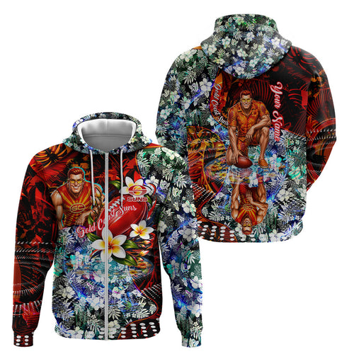 Personalized Gold Coast Suns Football Zip Hoodie Tropical Hibiscus Flowers - Pacific Fusion Style