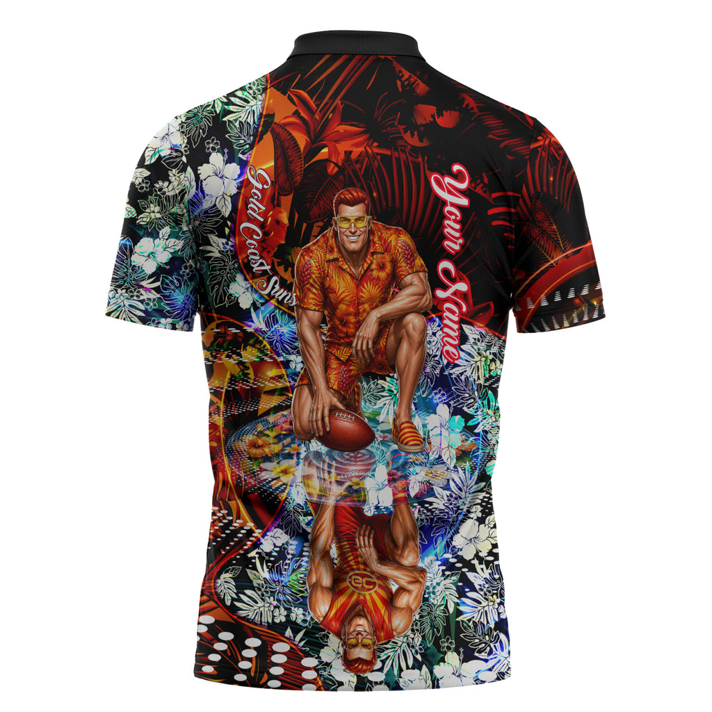 Personalized Gold Coast Suns Football Zipper Polo Shirt Tropical Hibiscus Flowers - Pacific Fusion Style
