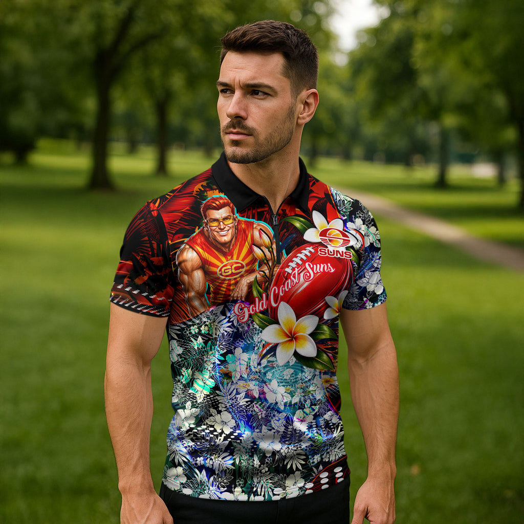 Personalized Gold Coast Suns Football Zipper Polo Shirt Tropical Hibiscus Flowers - Pacific Fusion Style