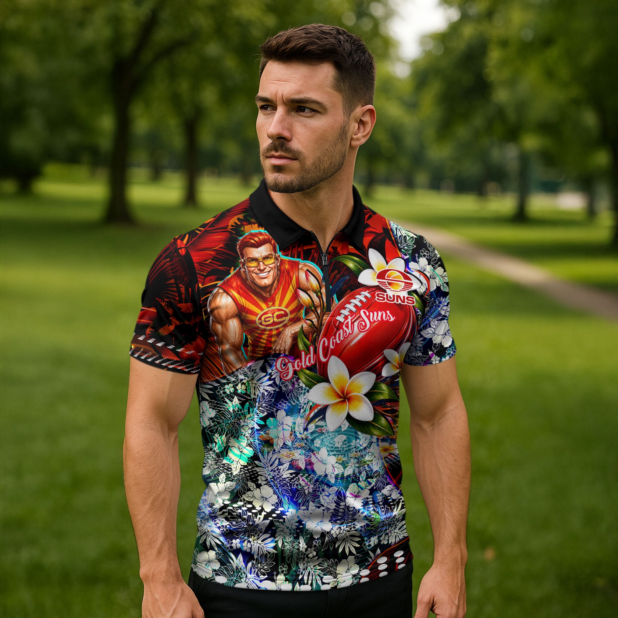 Personalized Gold Coast Suns Football Zipper Polo Shirt Tropical Hibiscus Flowers - Pacific Fusion Style