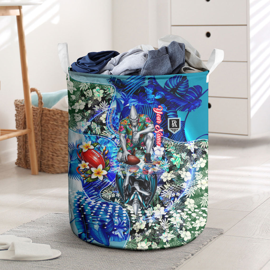 Personalized Port Adelaide Football Power Laundry Basket Tropical Hibiscus Flowers - Pacific Fusion Style