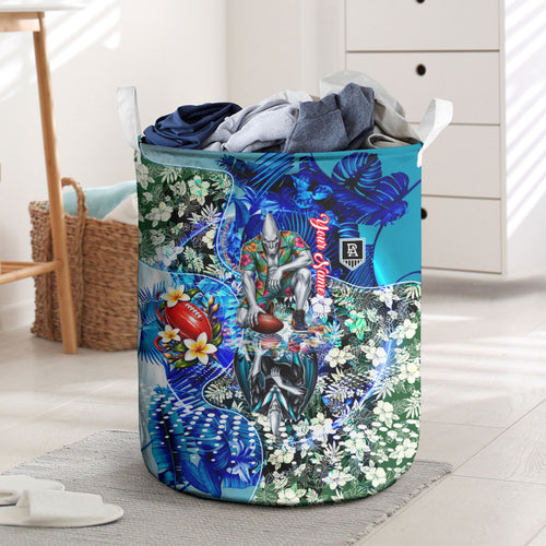 Personalized Port Adelaide Football Power Laundry Basket Tropical Hibiscus Flowers - Pacific Fusion Style