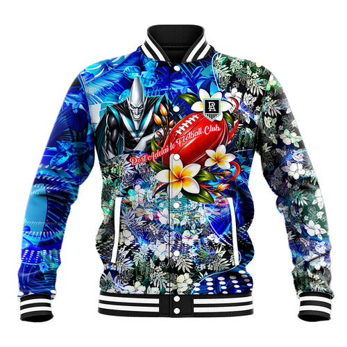 Personalized Port Adelaide Football Power Baseball Jacket Tropical Hibiscus Flowers - Pacific Fusion Style