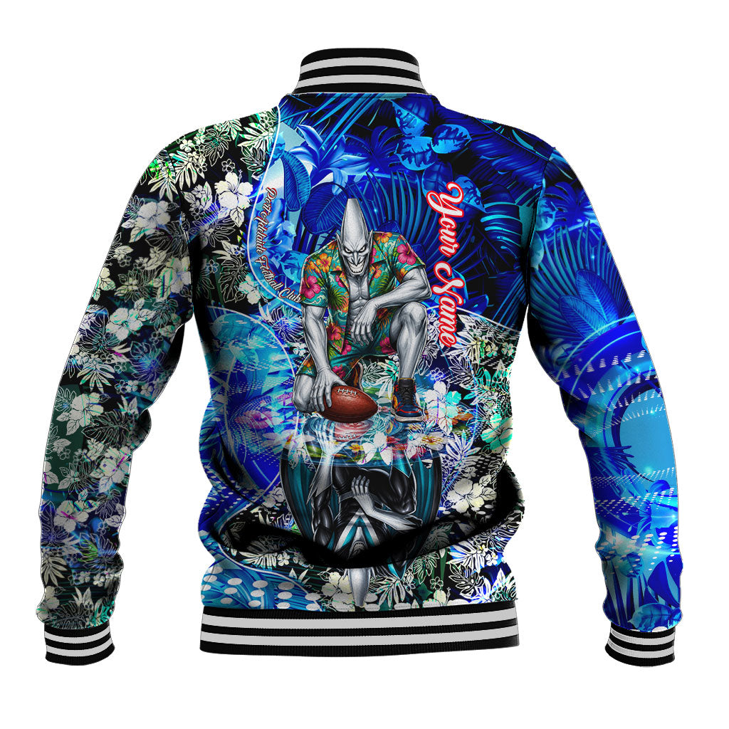 Personalized Port Adelaide Football Power Baseball Jacket Tropical Hibiscus Flowers - Pacific Fusion Style