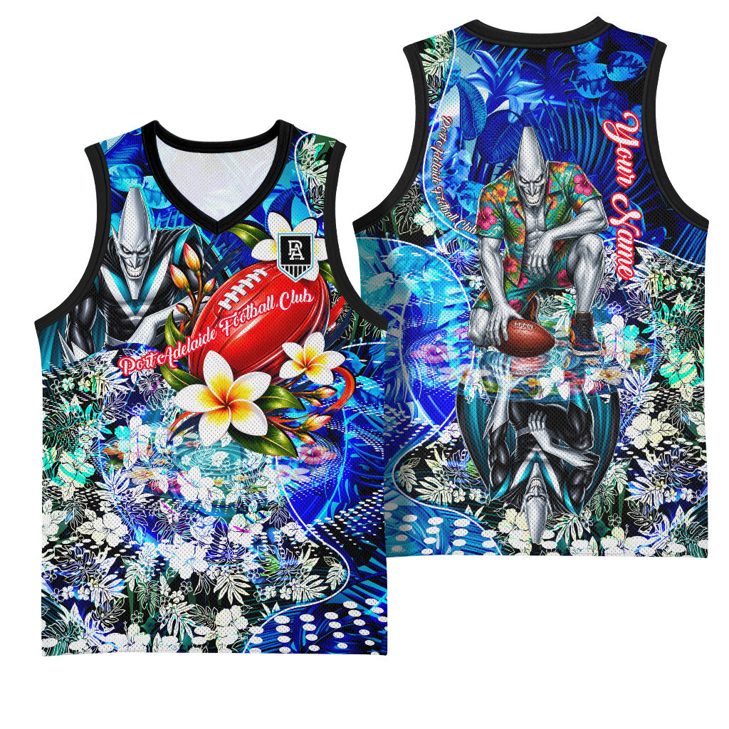 Personalized Port Adelaide Football Power Basketball Jersey Tropical Hibiscus Flowers - Pacific Fusion Style