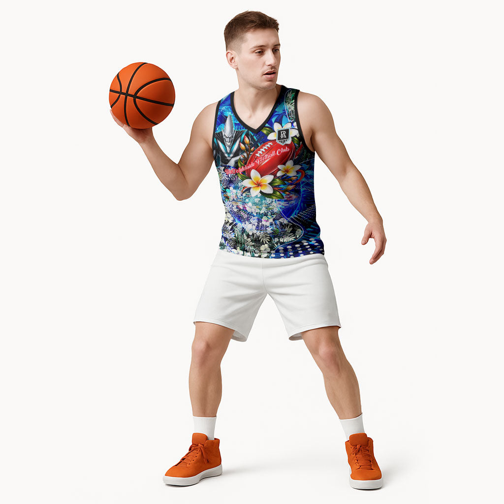 Personalized Port Adelaide Football Power Basketball Jersey Tropical Hibiscus Flowers - Pacific Fusion Style