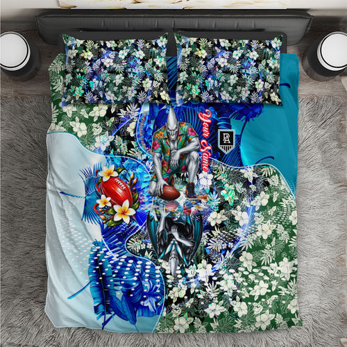 Personalized Port Adelaide Football Power Bedding Set Tropical Hibiscus Flowers - Pacific Fusion Style
