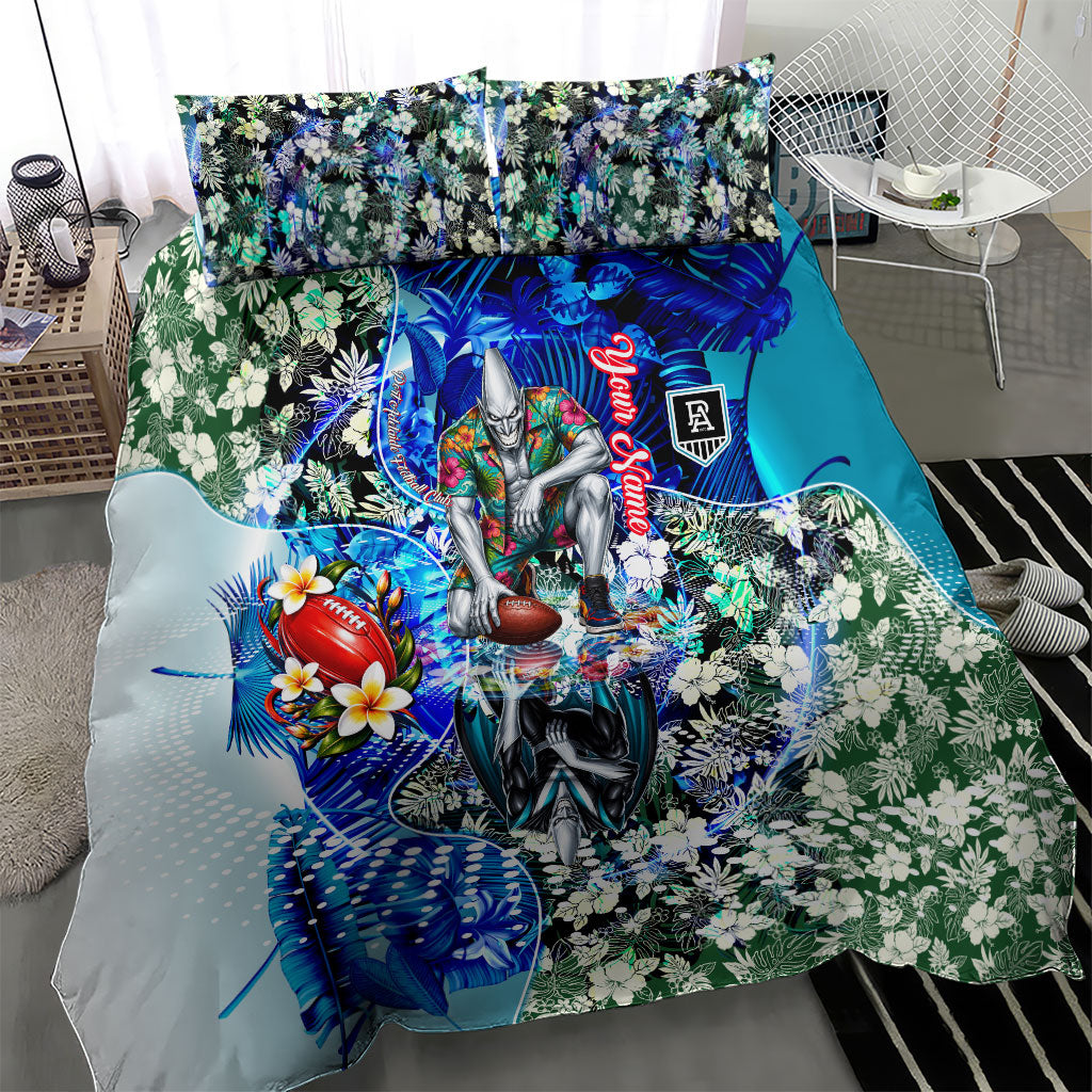 Personalized Port Adelaide Football Power Bedding Set Tropical Hibiscus Flowers - Pacific Fusion Style