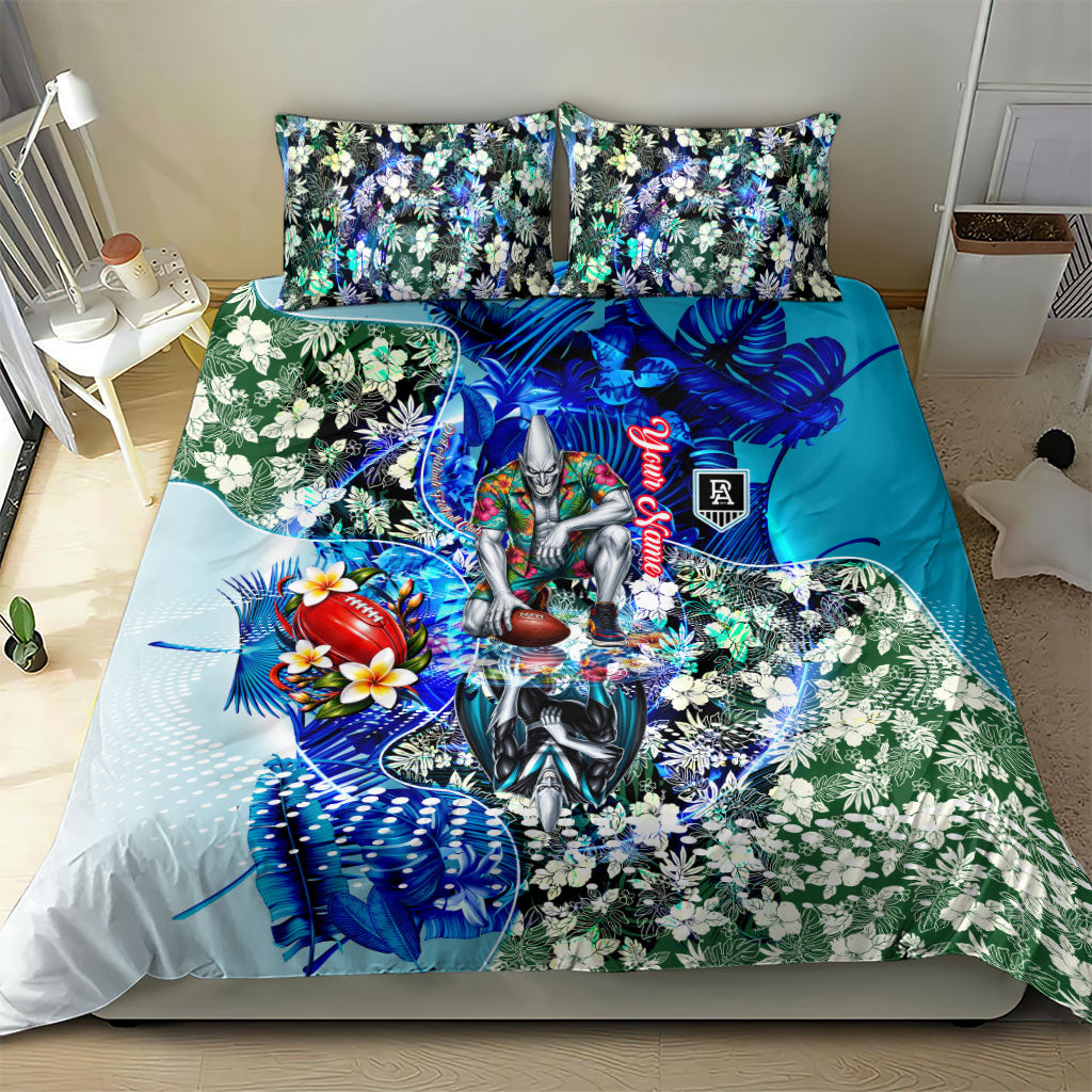 Personalized Port Adelaide Football Power Bedding Set Tropical Hibiscus Flowers - Pacific Fusion Style