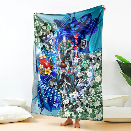 Personalized Port Adelaide Football Power Blanket Tropical Hibiscus Flowers - Pacific Fusion Style