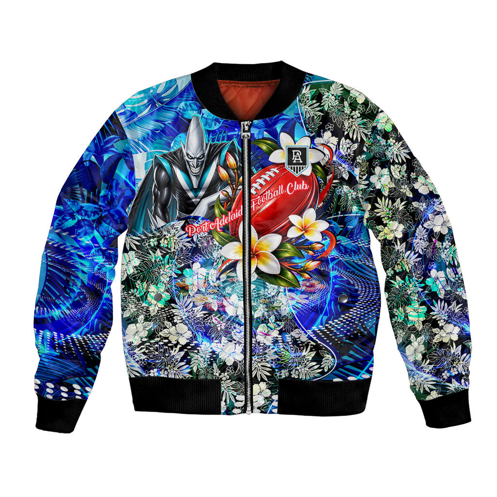 Personalized Port Adelaide Football Power Bomber Jacket Tropical Hibiscus Flowers - Pacific Fusion Style