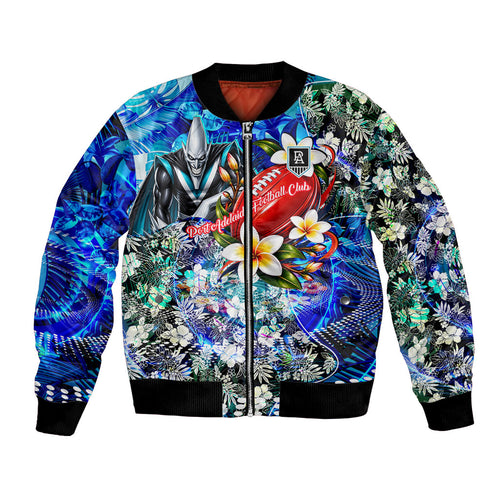 Personalized Port Adelaide Football Power Bomber Jacket Tropical Hibiscus Flowers - Pacific Fusion Style
