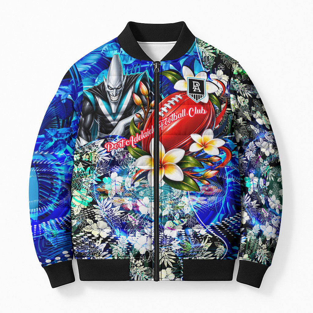 Personalized Port Adelaide Football Power Bomber Puffer Jacket Tropical Hibiscus Flowers - Pacific Fusion Style