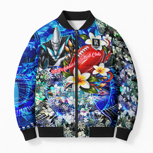 Personalized Port Adelaide Football Power Bomber Puffer Jacket Tropical Hibiscus Flowers - Pacific Fusion Style